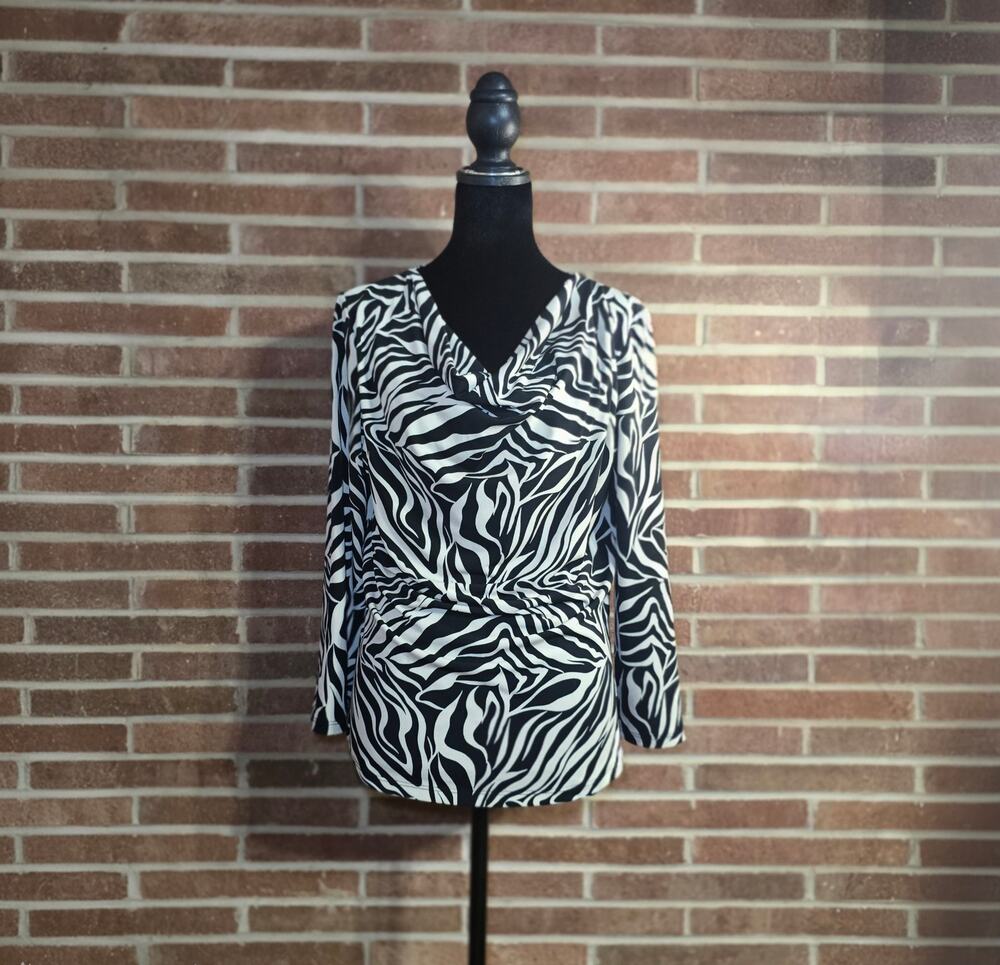 Zebra Print Cowl Neck Tunic Top 3/4 Sleeve